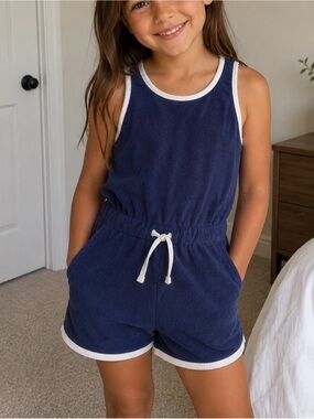 Carter's Navy Terry Sleeveless Romper with White Trim